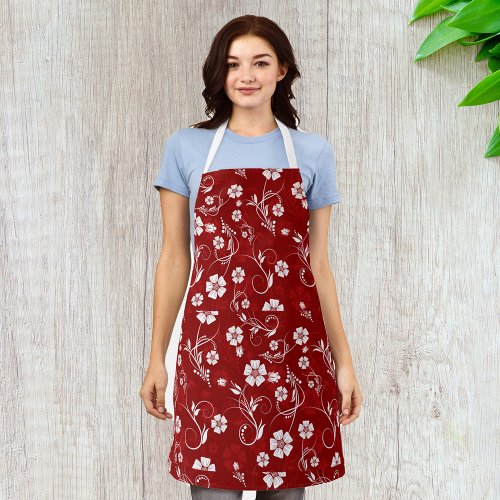 White Flowers Red Background Apron