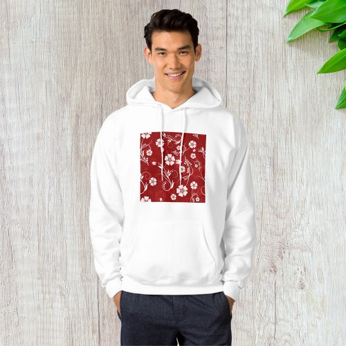 White Flowers Red Background Hoodie