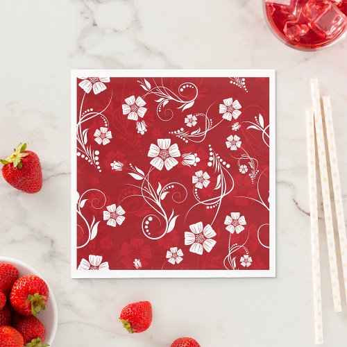 White Flowers Red Background Napkins