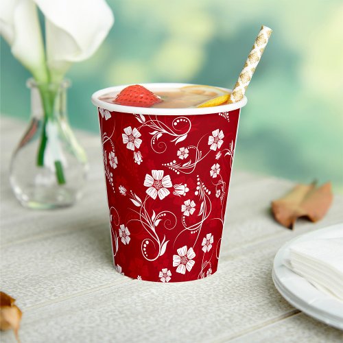 White Flowers Red Background Paper Cups