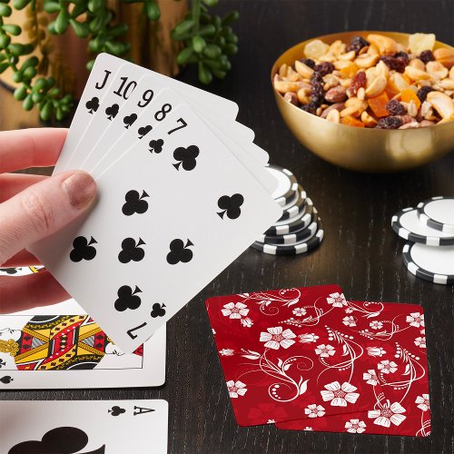 White Flowers Red Background Playing Cards