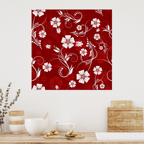 White Flowers Red Background Poster