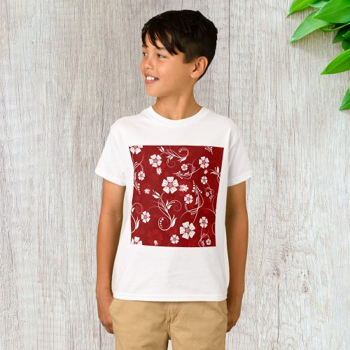 White Flowers Red Background T_Shirt