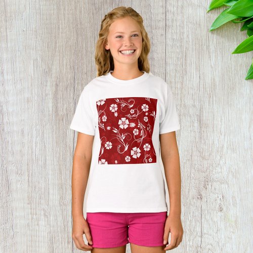 White Flowers Red Background T_Shirt