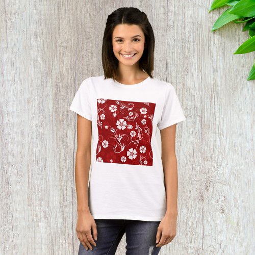 White Flowers Red Background T_Shirt