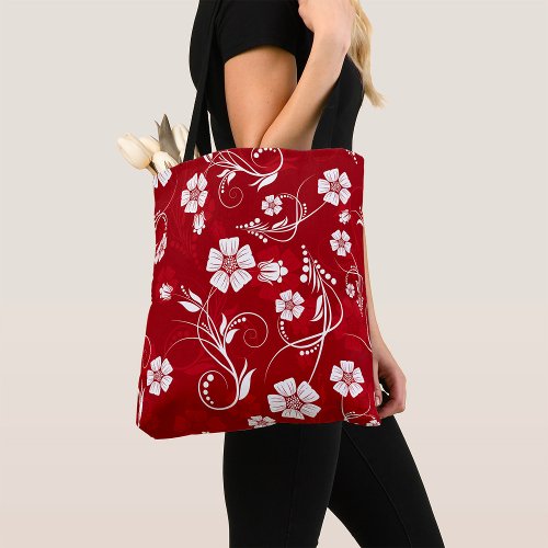 White Flowers Red Background Tote Bag