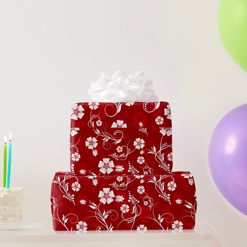 White Flowers Red Background Wrapping Paper