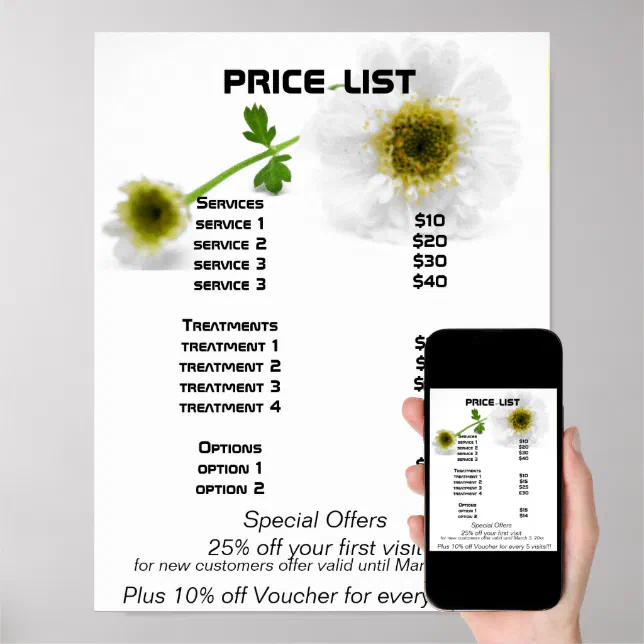 White flowers Reiki zen price list Poster Zazzle