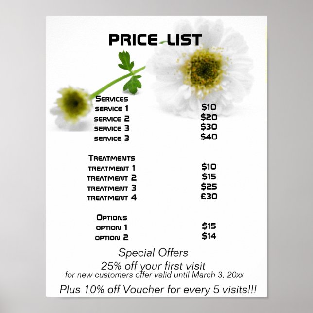 White flowers  Reiki zen price list Poster (Front)