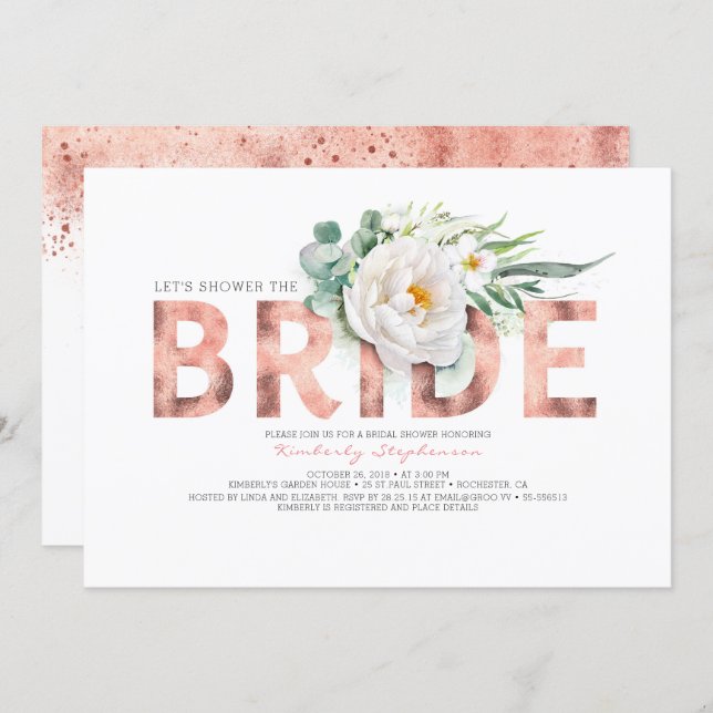 White Flowers Rose Gold and Greenery Bridal Shower Invitation (Front/Back)