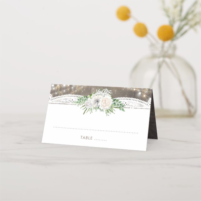 White Flowers Rustic Country String Lights Wedding Place Card (Front)