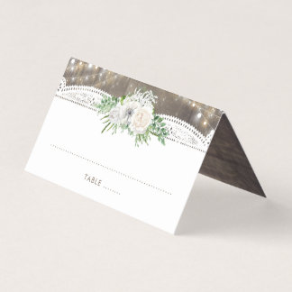 White Flowers Rustic Country String Lights Wedding Place Card White Flowers Rustic Country String Lights Wedding Place Card