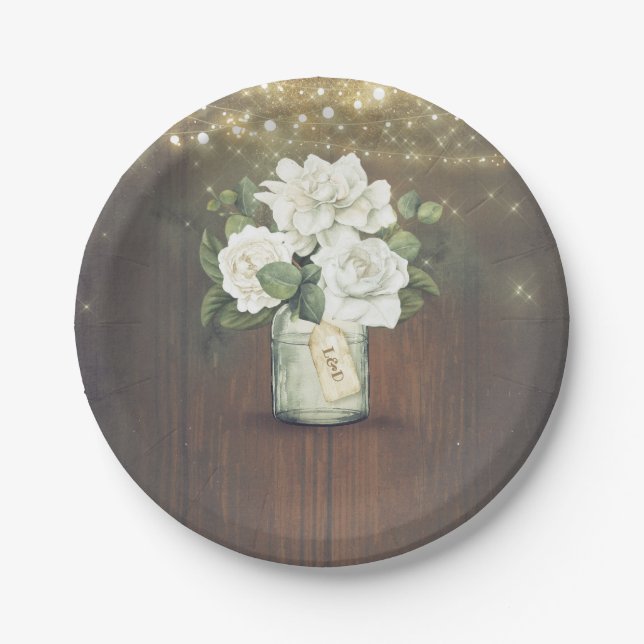 White Flowers Rustic Mason Jar Country Wedding Paper Plates (Front)