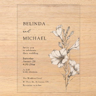 White Flowers Sage Green Casual Wedding Acrylic Invitations