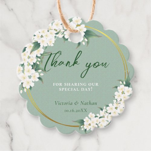 White Flowers Sage Green Cloud Pattern Gold Circle Favor Tags