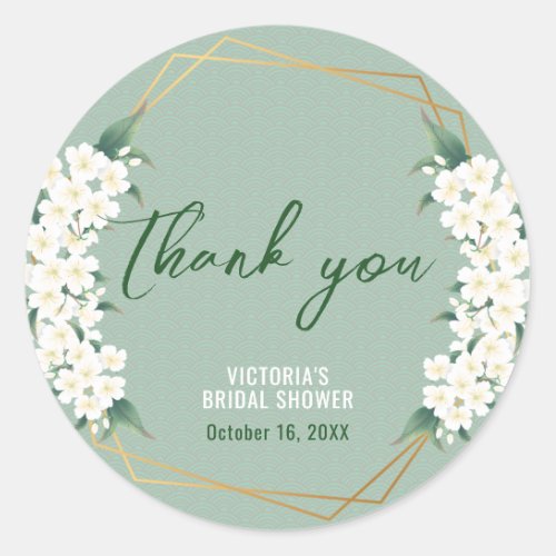 White Flowers Sage Green Gold Frame Clouds Pattern Classic Round Sticker