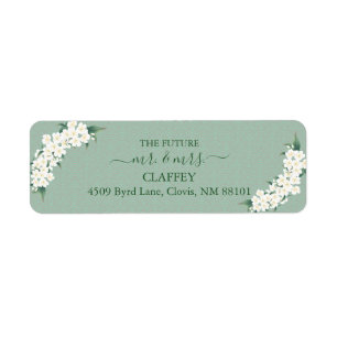 White Flowers Sage Green Gold Frame Clouds Pattern Label