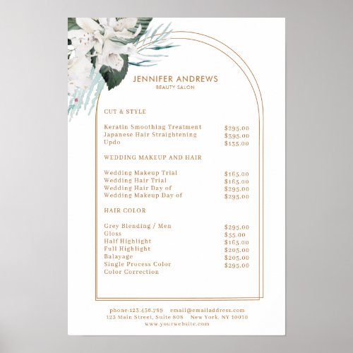 White Flowers Salon Price List Poster