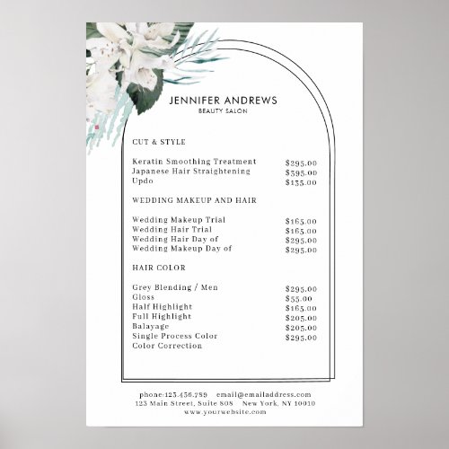 White Flowers Salon Price List Poster