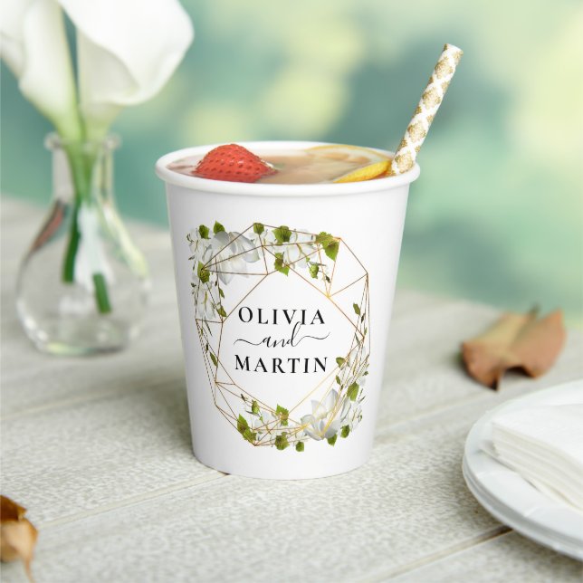 White Flowers Script Wedding Paper Cups (Insitu)