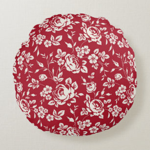 White flowers silhouette on red background. Seamle Round Pillow