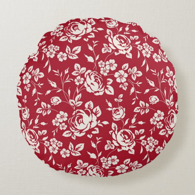 White flowers silhouette on red background. Seamle Round Pillow (Front)