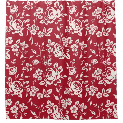 White flowers silhouette on red background Seamle Shower Curtain