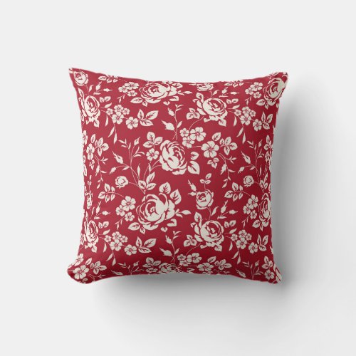 White flowers silhouette on red background Seamle Throw Pillow