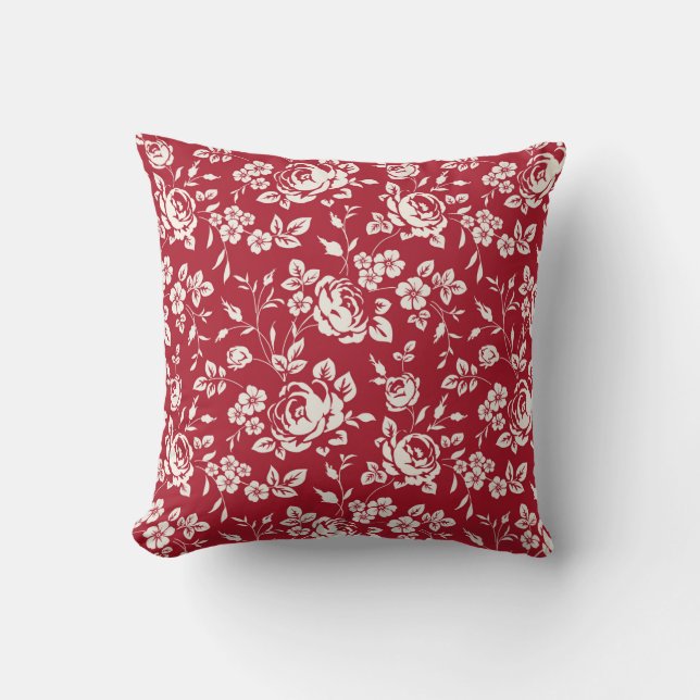 White flowers silhouette on red background. Seamle Throw Pillow (Front)