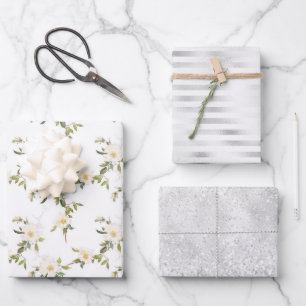 White Flowers Silver Glam Wrapping Paper Sheets