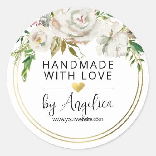 White Flowers Small Business Handmade with Love Classic Round Sticker