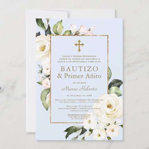 White Flowers Spanish Boy 1st Birthday Baptism Invitation