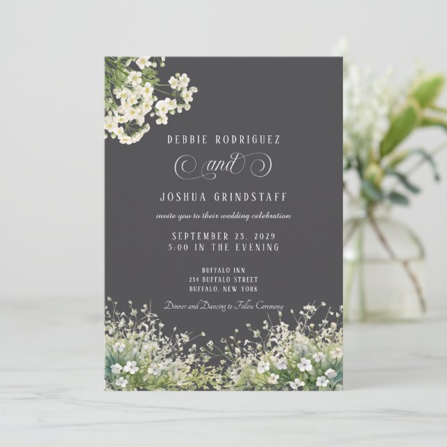 White Flowers Spring Wedding Invitation  (Standing Front)