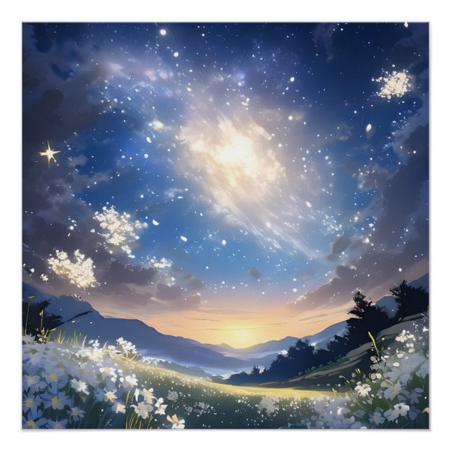 White flowers surrounded by stars poster (Front)