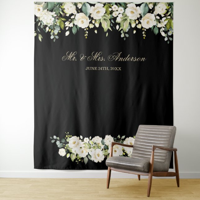 White Flowers Wedding Black Photo Booth Backdrop (In Situ)