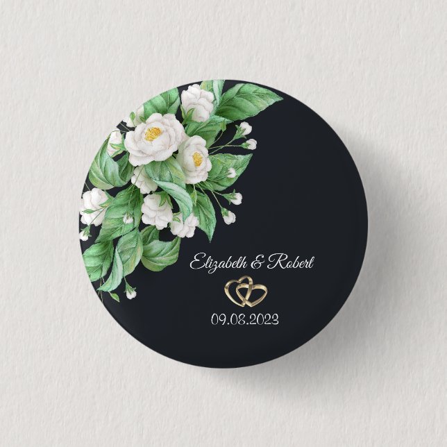 White Flowers Wedding Button (Front)