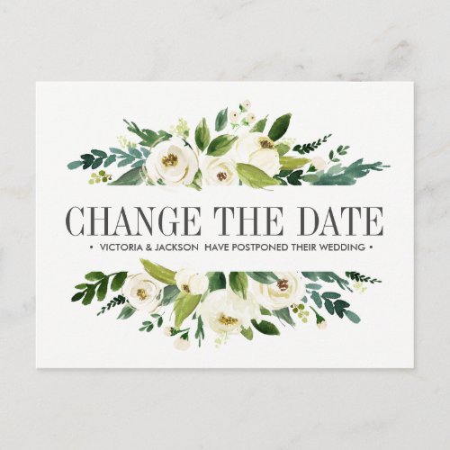 White Flowers WEDDING CHANGE THE DATE POSTPONEMENT Announcement Postcard