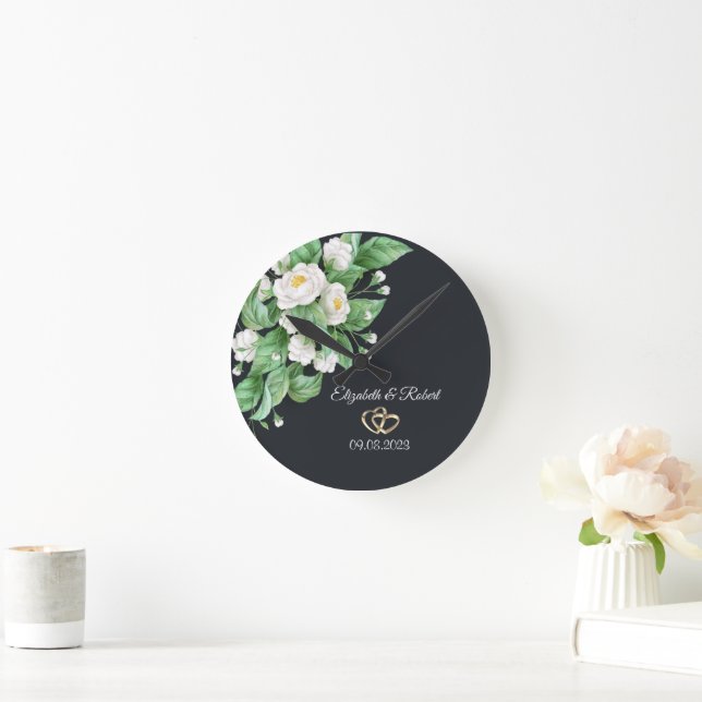 White Flowers Wedding Round Clock (Home)