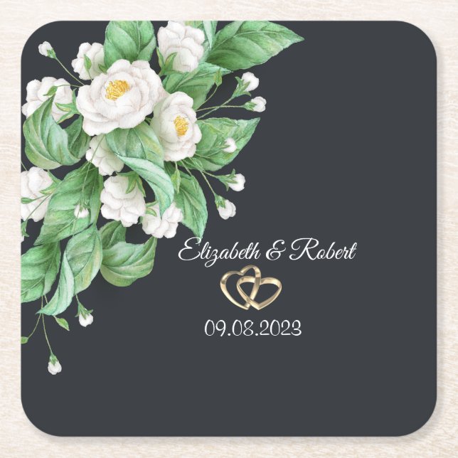 White Flowers Wedding Square Paper Coaster (Front)