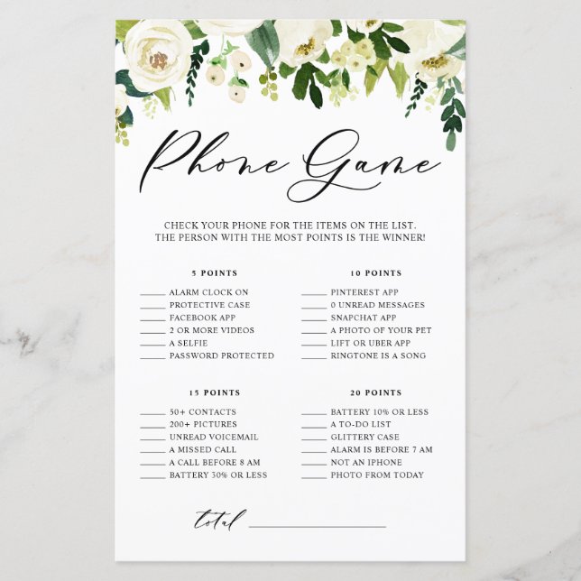 White Flowers What's On Your Phone Shower Card (Front)