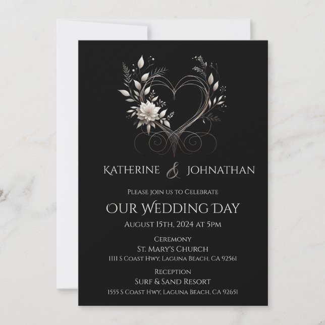 White Flowers with a Heart Wedding Invitation (Front)
