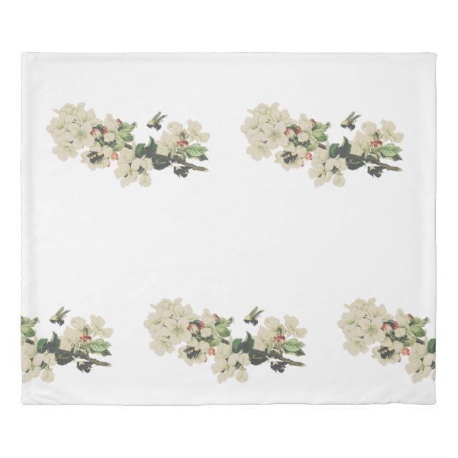 White Flowers with Bees Duvet Cover (Front)