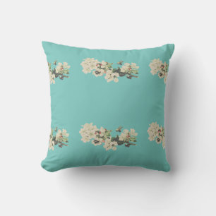 White Flowers with Bees Teal   Outdoor Pillow