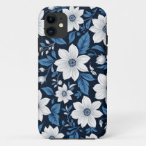 White flowers with blue leaves digital art. iPhone 11 case