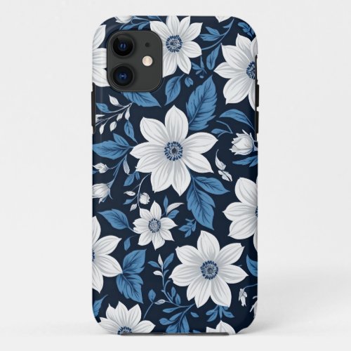 White flowers with blue leaves digital art iPhone 11 case