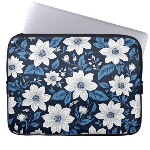 White flowers with blue leaves digital art laptop sleeve