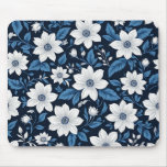 White flowers with blue leaves digital art. mouse pad