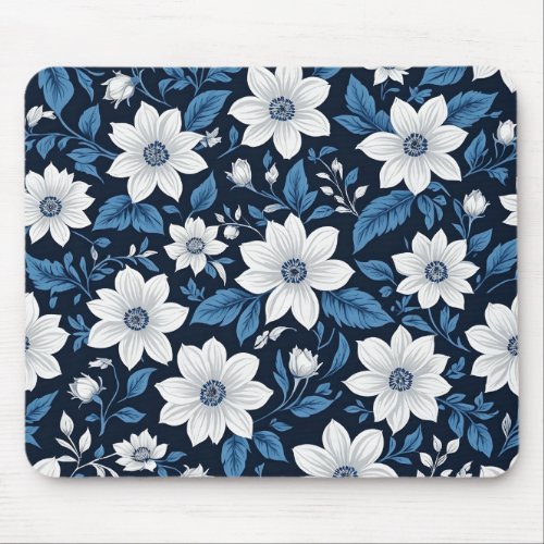 White flowers with blue leaves digital art mouse pad