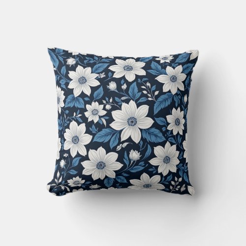 White flowers with blue leaves digital art throw pillow