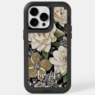 White Flowers with Glitters and Personalized Name OtterBox iPhone 14 Pro Max Case